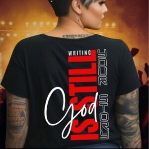 Black Graphic T-Shirt with Red and White Text